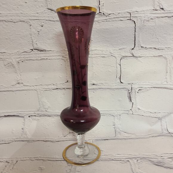 Elegant Footed Pedestal Amethyst Glass Vase - VTG Hand Painted Art Nouveau Decor - Picture 7 of 9